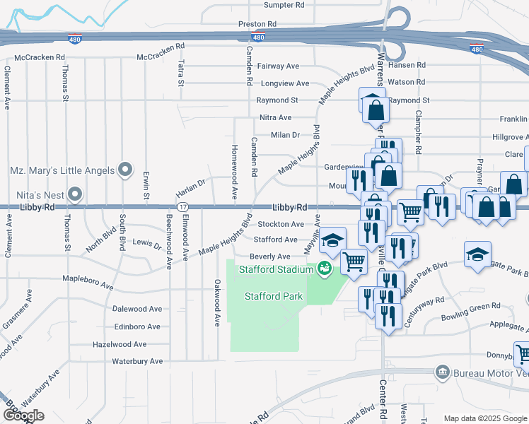 map of restaurants, bars, coffee shops, grocery stores, and more near 19400 Libby Road in Maple Heights