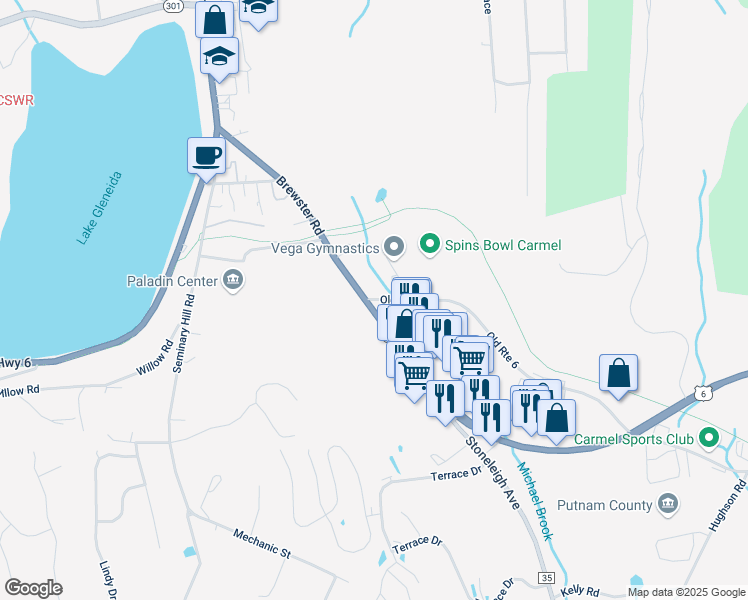 map of restaurants, bars, coffee shops, grocery stores, and more near 1335 Old Route 6 in Carmel