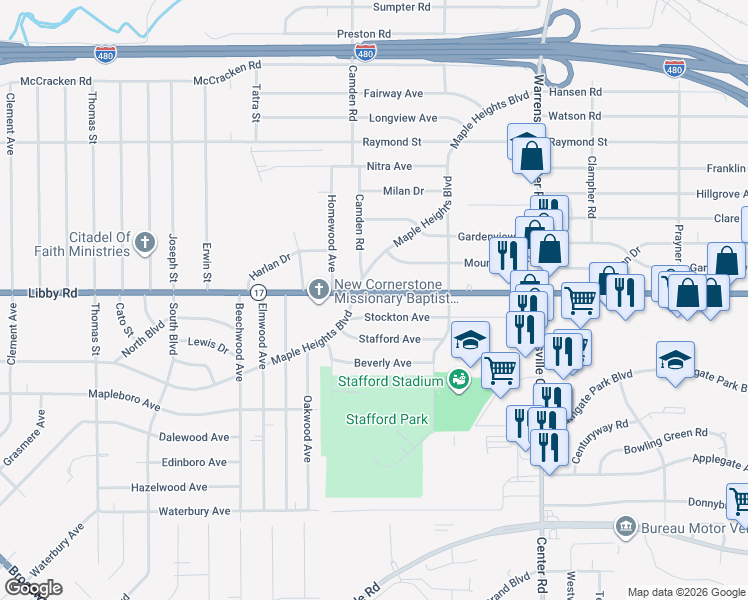 map of restaurants, bars, coffee shops, grocery stores, and more near 19229 Stockton Avenue in Maple Heights