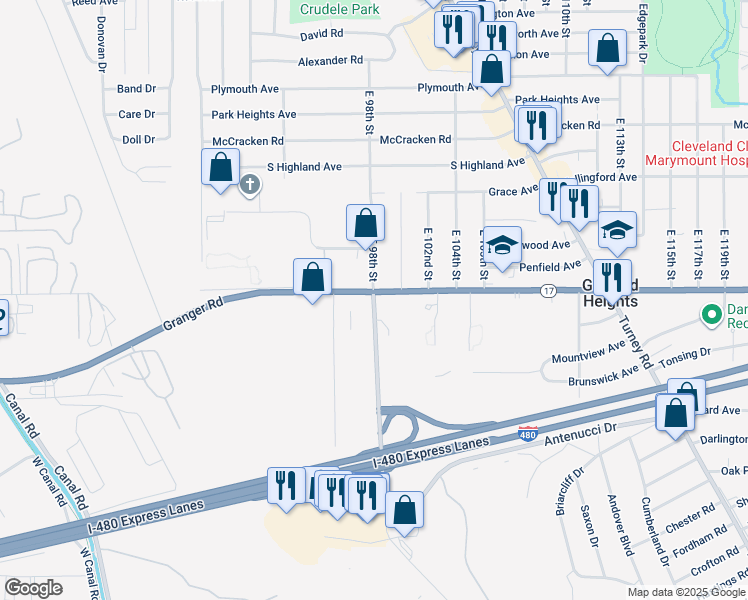 map of restaurants, bars, coffee shops, grocery stores, and more near 5338 Transportation Boulevard in Garfield Heights