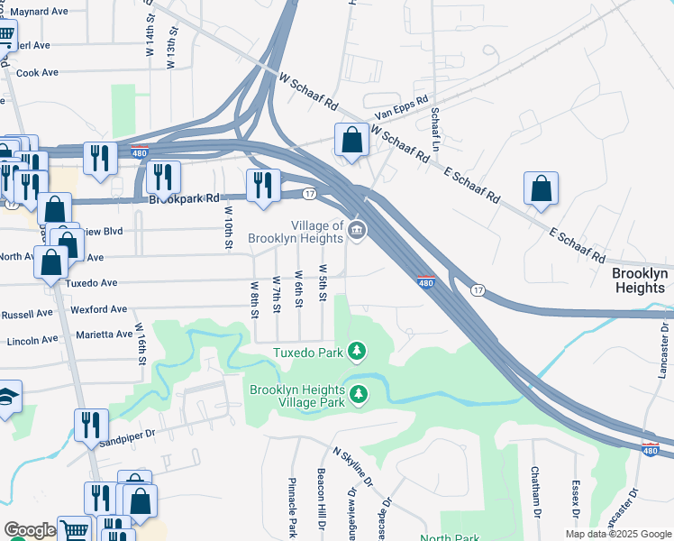 map of restaurants, bars, coffee shops, grocery stores, and more near 411 Tuxedo Avenue in Brooklyn Heights