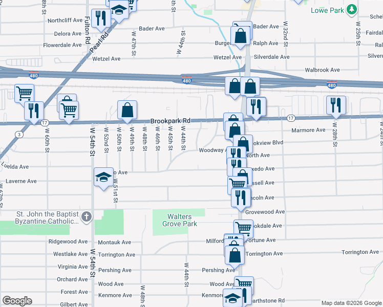 map of restaurants, bars, coffee shops, grocery stores, and more near 4261 Woodway Avenue in Cleveland