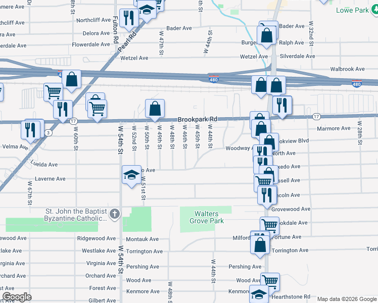 map of restaurants, bars, coffee shops, grocery stores, and more near 5283 West 46th Street in Parma