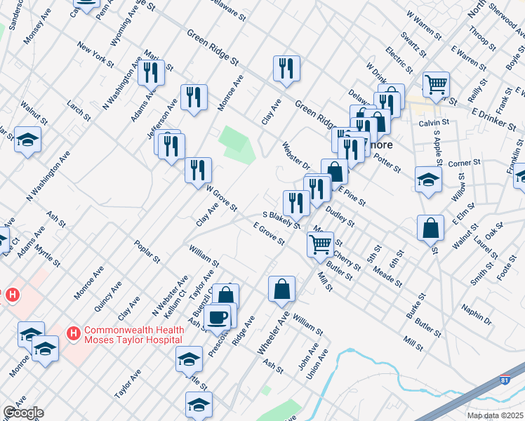 map of restaurants, bars, coffee shops, grocery stores, and more near 633 South Blakely Street in Dunmore