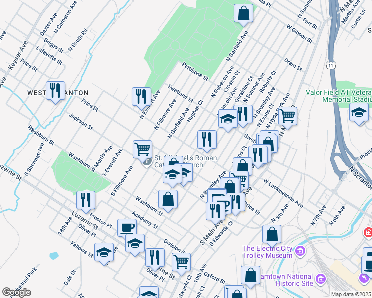 map of restaurants, bars, coffee shops, grocery stores, and more near 214 North Rebecca Avenue in Scranton