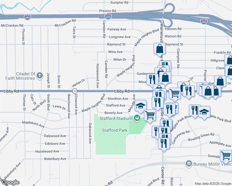 map of restaurants, bars, coffee shops, grocery stores, and more near 19273 Stockton Avenue in Maple Heights