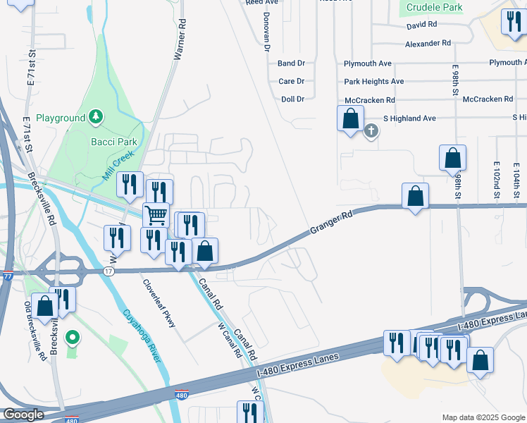 map of restaurants, bars, coffee shops, grocery stores, and more near 8100 Old Granger Road in Garfield Heights