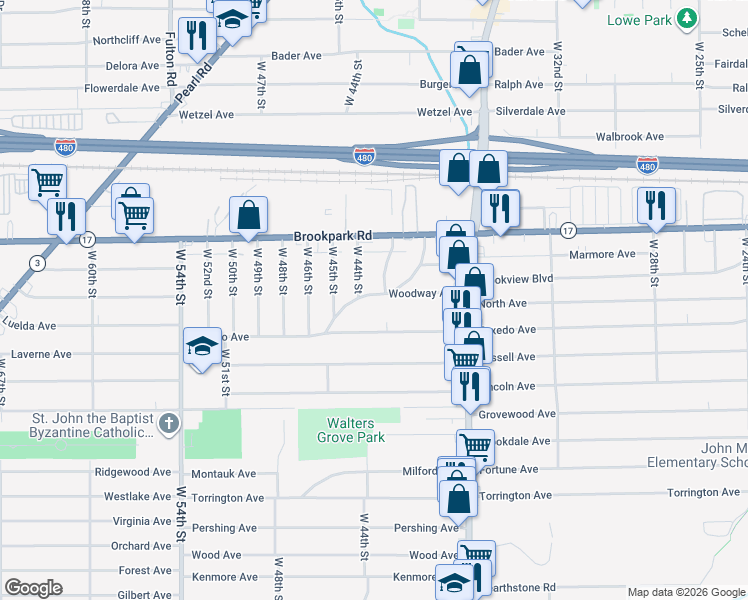 map of restaurants, bars, coffee shops, grocery stores, and more near 4261 Woodway Avenue in Cleveland