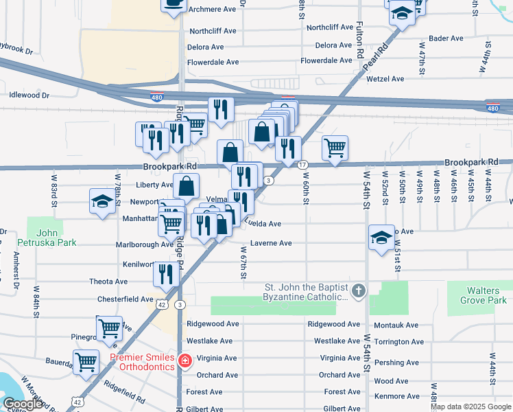 map of restaurants, bars, coffee shops, grocery stores, and more near 6403 Velma Avenue in Parma