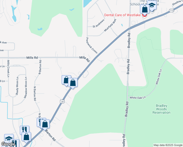 map of restaurants, bars, coffee shops, grocery stores, and more near 31627 Forest Brook Oval in Westlake