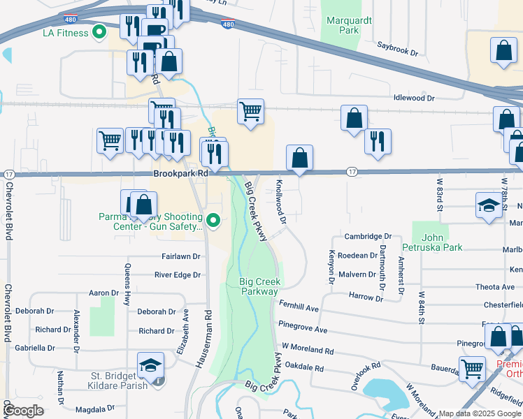 map of restaurants, bars, coffee shops, grocery stores, and more near 5273 Big Creek Parkway in Parma