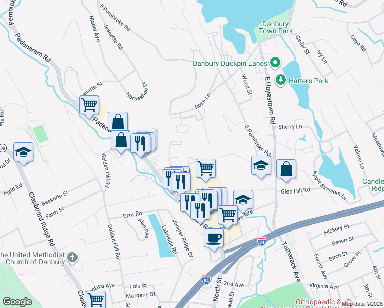 map of restaurants, bars, coffee shops, grocery stores, and more near 7 Padanaram Road in Danbury