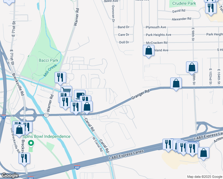 map of restaurants, bars, coffee shops, grocery stores, and more near 8100 Old Granger Road in Garfield Heights