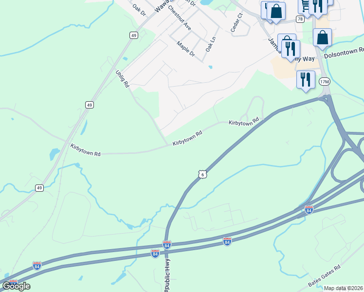 map of restaurants, bars, coffee shops, grocery stores, and more near 89 Kirbytown Road in Middletown