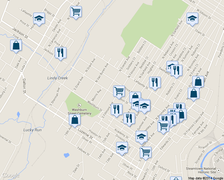map of restaurants, bars, coffee shops, grocery stores, and more near 1822 Jackson Street in Scranton