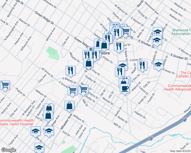 map of restaurants, bars, coffee shops, grocery stores, and more near 409 3rd Street in Dunmore