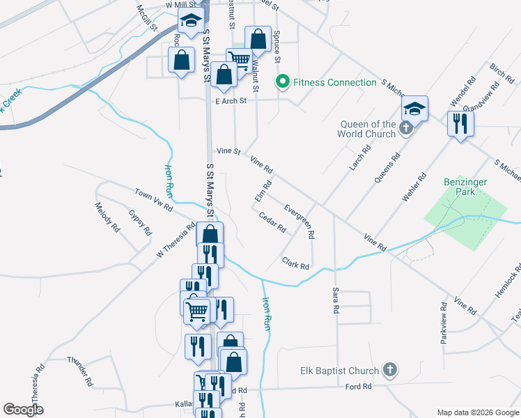 map of restaurants, bars, coffee shops, grocery stores, and more near 631-633 Cedar Road in St. Marys