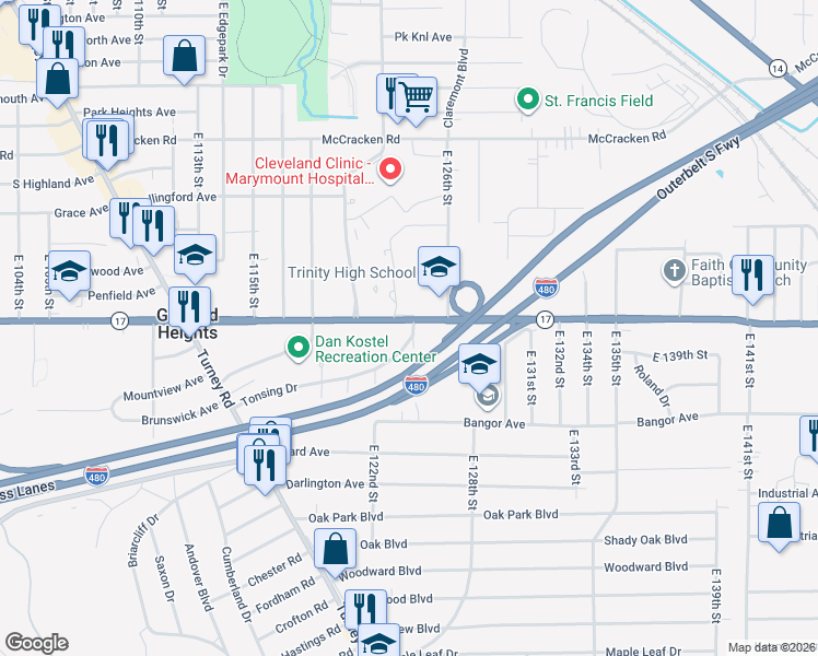 map of restaurants, bars, coffee shops, grocery stores, and more near 5355 East 124th Street in Garfield Heights