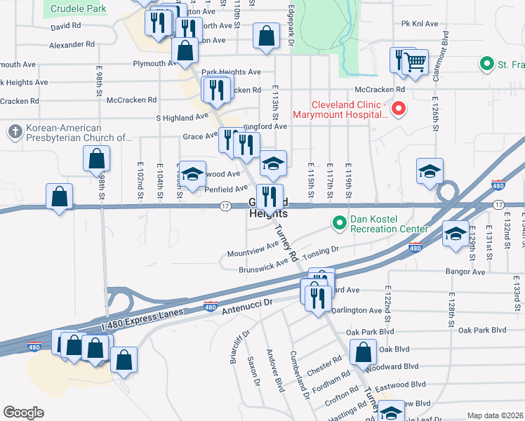 map of restaurants, bars, coffee shops, grocery stores, and more near 5326 Turney Road in Garfield Heights