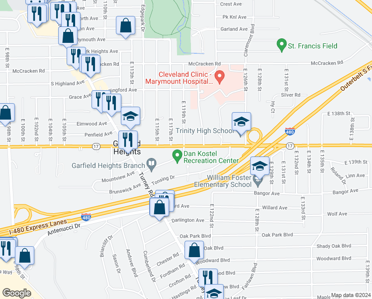 map of restaurants, bars, coffee shops, grocery stores, and more near 11912 Granger Road in Cleveland