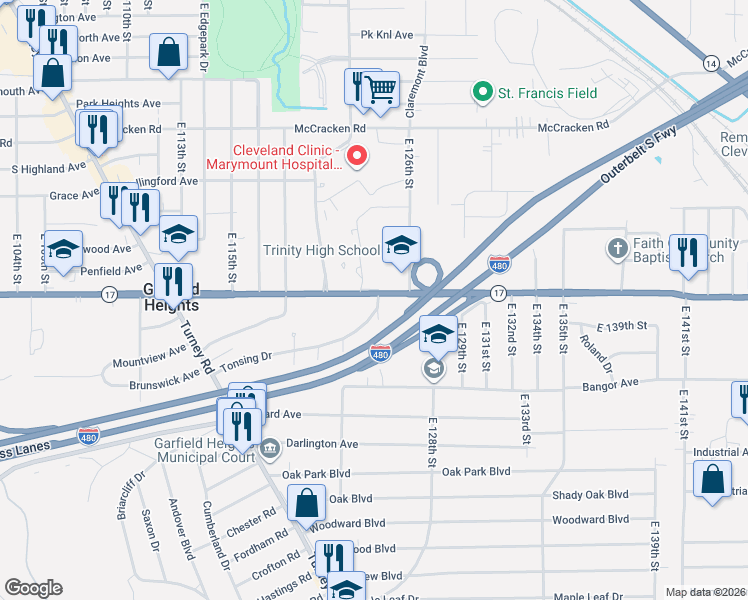 map of restaurants, bars, coffee shops, grocery stores, and more near 12328 Granger Road in Cleveland