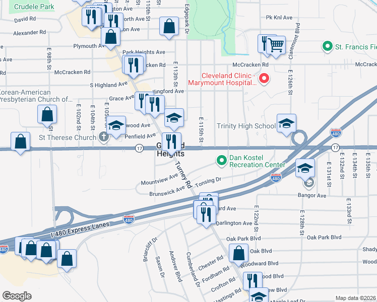 map of restaurants, bars, coffee shops, grocery stores, and more near 11410 Granger Road in Cleveland