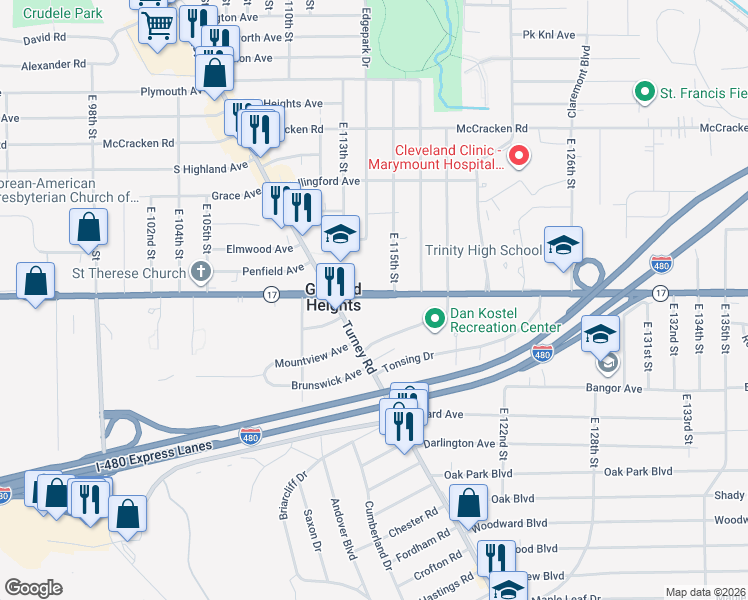map of restaurants, bars, coffee shops, grocery stores, and more near 11410 Granger Road in Cleveland
