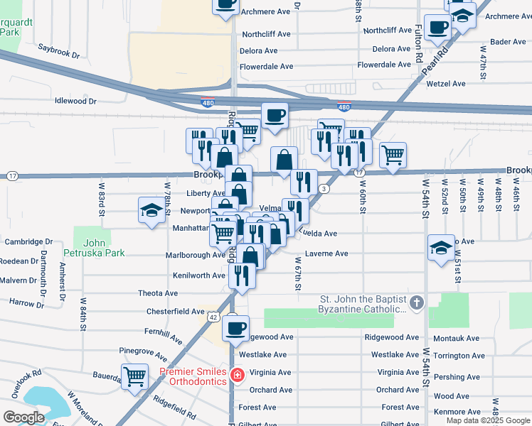 map of restaurants, bars, coffee shops, grocery stores, and more near 6902 Luelda Avenue in Parma