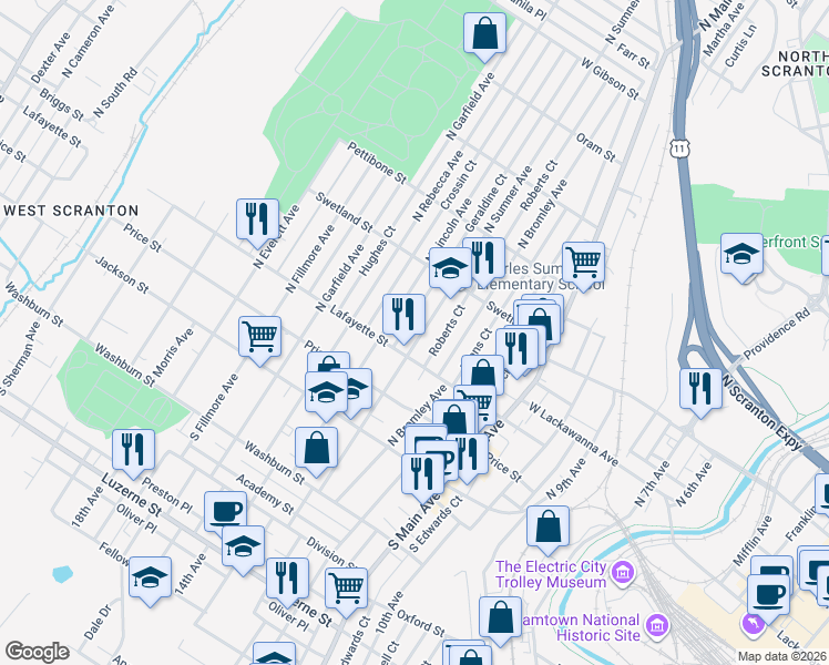 map of restaurants, bars, coffee shops, grocery stores, and more near 316 North Sumner Avenue in Scranton