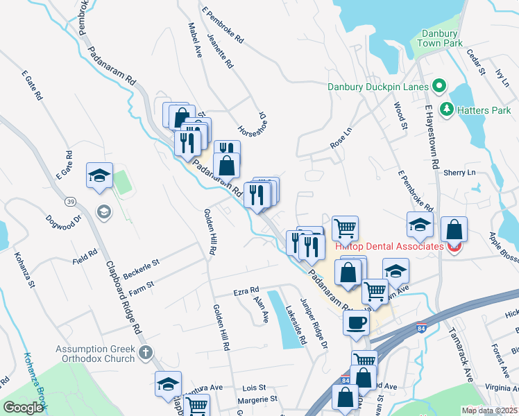 map of restaurants, bars, coffee shops, grocery stores, and more near 40 Padanaram Road in Danbury