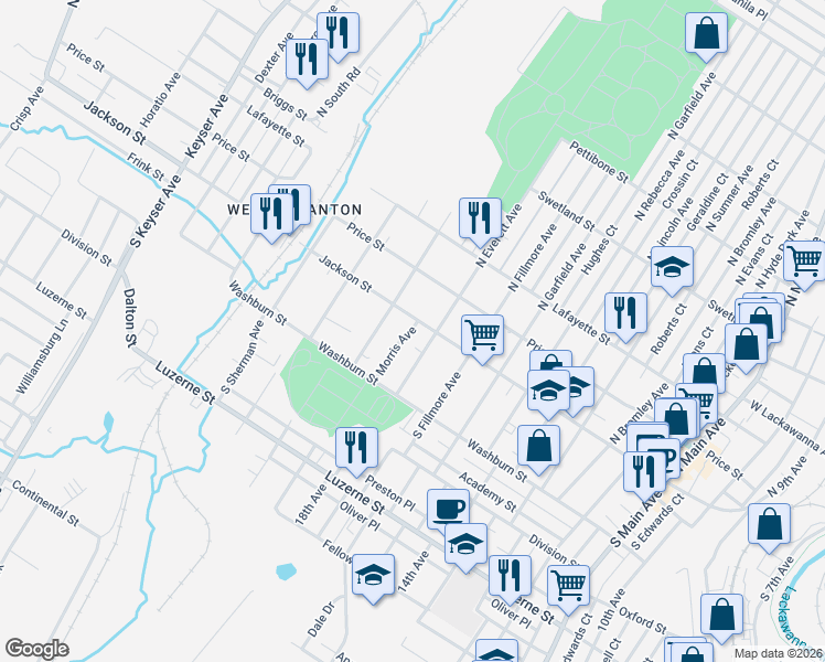 map of restaurants, bars, coffee shops, grocery stores, and more near 118 South Everett Avenue in Scranton