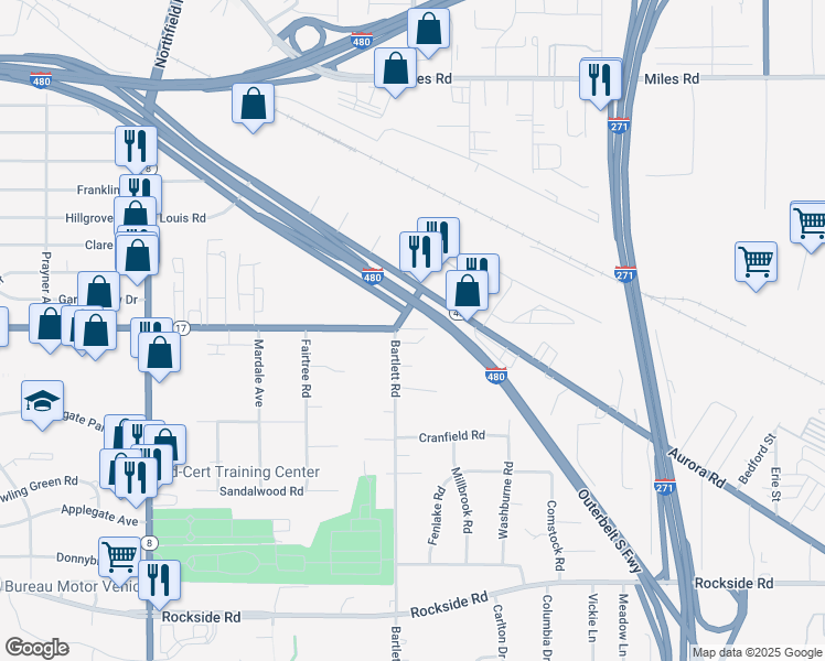 map of restaurants, bars, coffee shops, grocery stores, and more near 5285 Bartlett Road in Bedford Heights