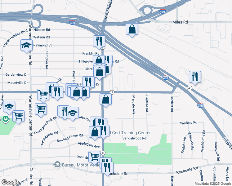 map of restaurants, bars, coffee shops, grocery stores, and more near 22032 Libby Road in Bedford Heights