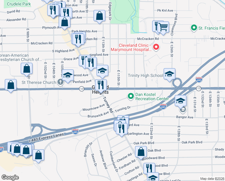 map of restaurants, bars, coffee shops, grocery stores, and more near 11410 Granger Road in Cleveland