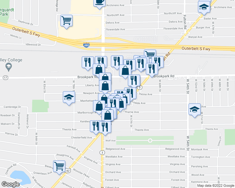 map of restaurants, bars, coffee shops, grocery stores, and more near 6902 Luelda Avenue in Parma