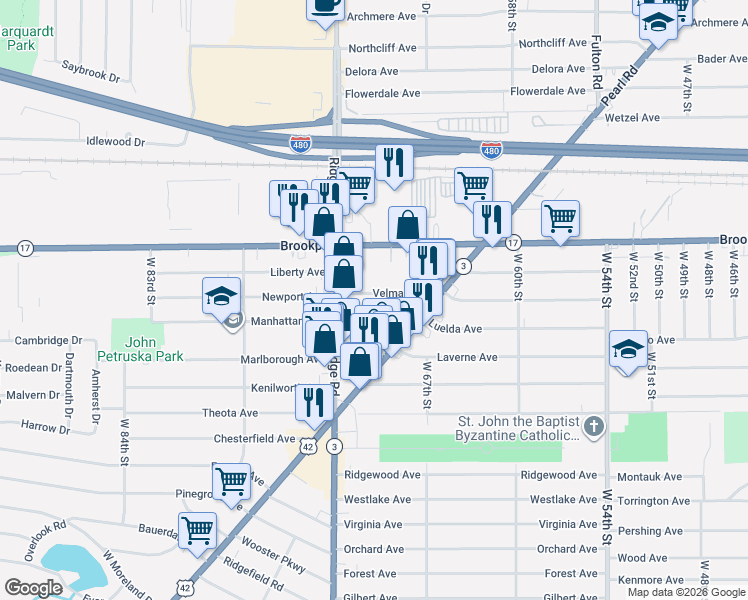 map of restaurants, bars, coffee shops, grocery stores, and more near 7110 Luelda Avenue in Parma