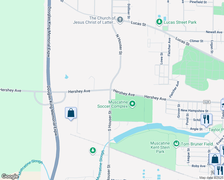 map of restaurants, bars, coffee shops, grocery stores, and more near 110 S Houser St in Muscatine
