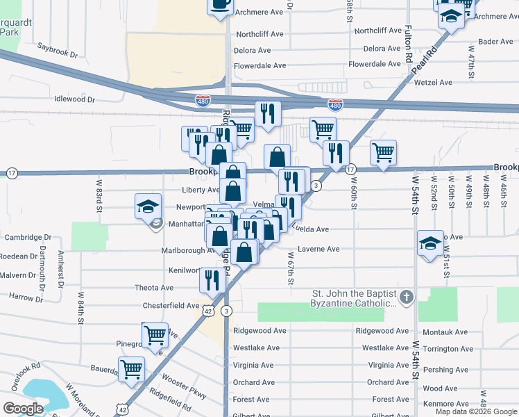 map of restaurants, bars, coffee shops, grocery stores, and more near 7001 Velma Avenue in Parma