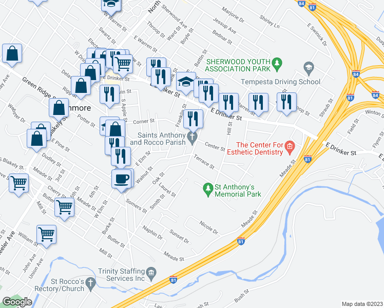 map of restaurants, bars, coffee shops, grocery stores, and more near 601 Terrace Street in Dunmore