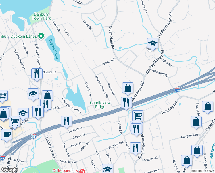 map of restaurants, bars, coffee shops, grocery stores, and more near 20 Nancy Drive in Danbury