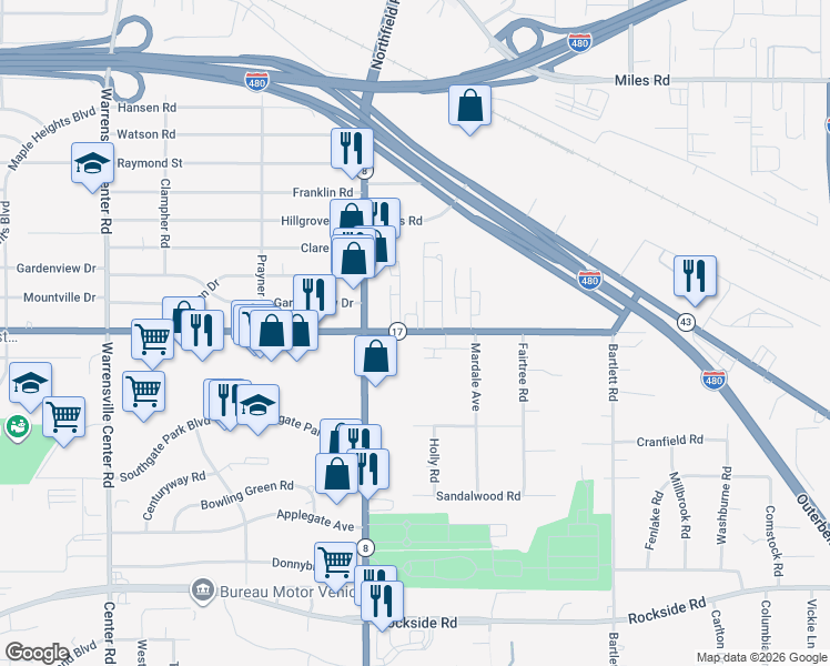 map of restaurants, bars, coffee shops, grocery stores, and more near 22032 Libby Road in Bedford Heights