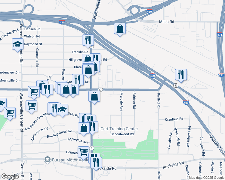map of restaurants, bars, coffee shops, grocery stores, and more near 22092 Libby Road in Bedford Heights