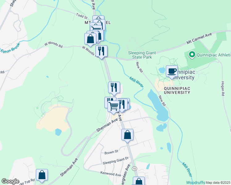 map of restaurants, bars, coffee shops, grocery stores, and more near 3369 Whitney Avenue in Hamden