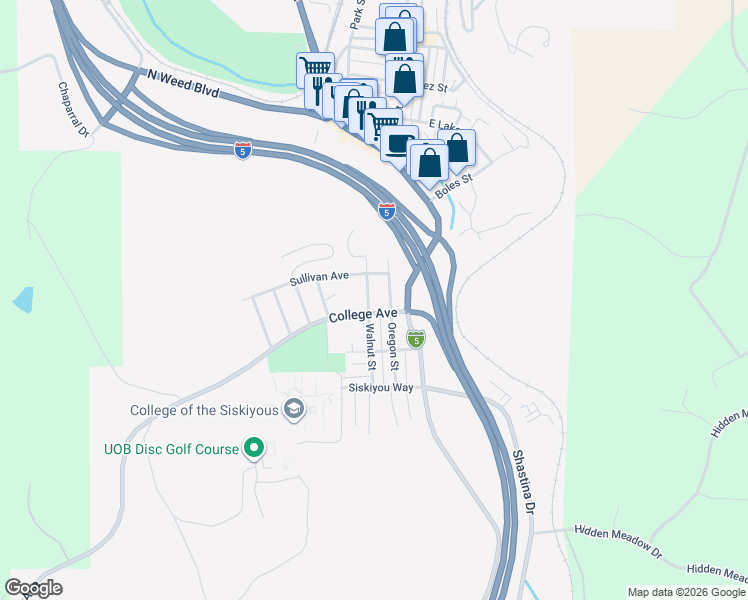 map of restaurants, bars, coffee shops, grocery stores, and more near 427 Oregon Street in Weed