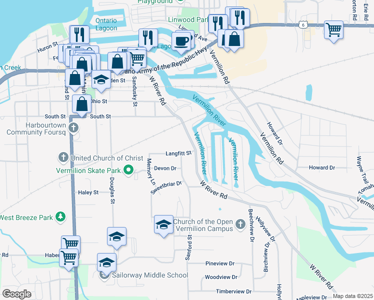 map of restaurants, bars, coffee shops, grocery stores, and more near 5036 Langfitt Street in Vermilion
