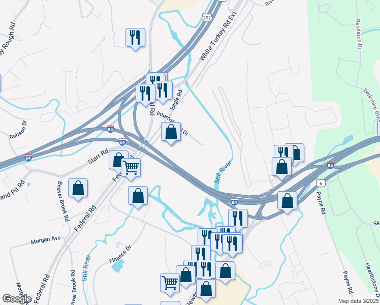 map of restaurants, bars, coffee shops, grocery stores, and more near 61 Eagle Road in Danbury