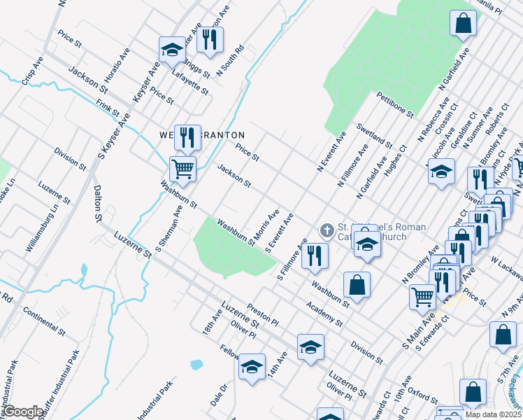 map of restaurants, bars, coffee shops, grocery stores, and more near 135 South Van Buren Avenue in Scranton