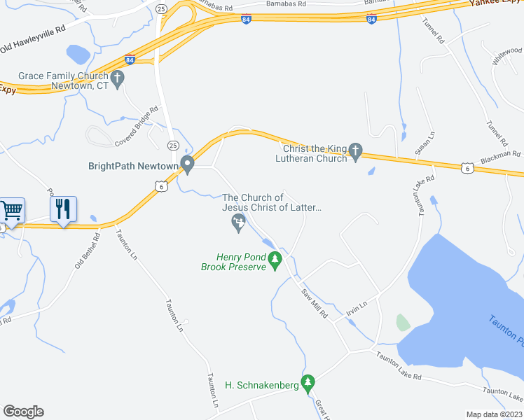 map of restaurants, bars, coffee shops, grocery stores, and more near 13 Saw Mill Rd in Newtown
