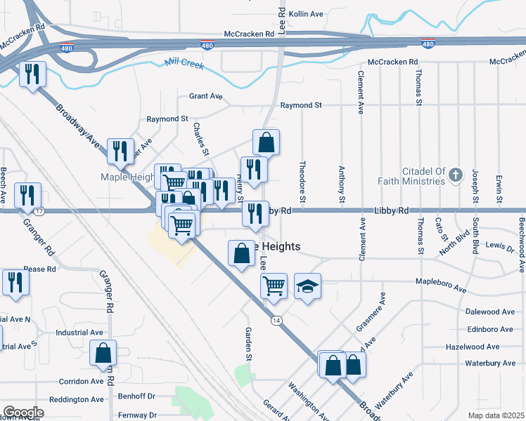 map of restaurants, bars, coffee shops, grocery stores, and more near Libby Road & Lee Road in Maple Heights