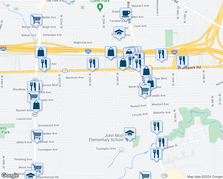 map of restaurants, bars, coffee shops, grocery stores, and more near 2422 North Avenue in Parma